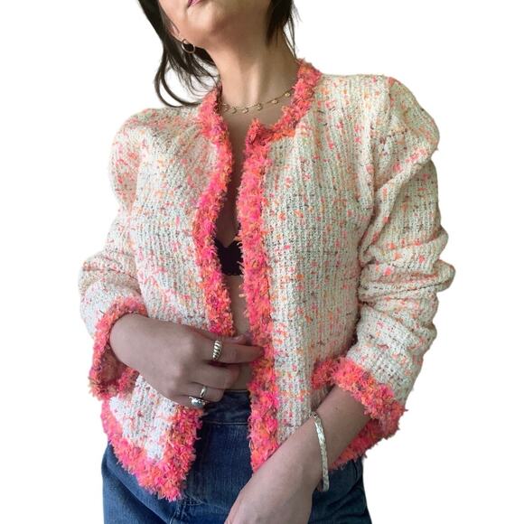 ZARA White Neon Pink Textured Tweed Lightweight Preppy Jacket L - Picture 2 of 6